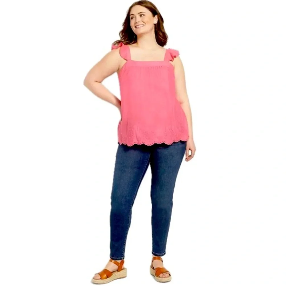 Lane Bryant Tank Top Size 16 Pink Embroidery Cotton Airy Breezy Square Neck